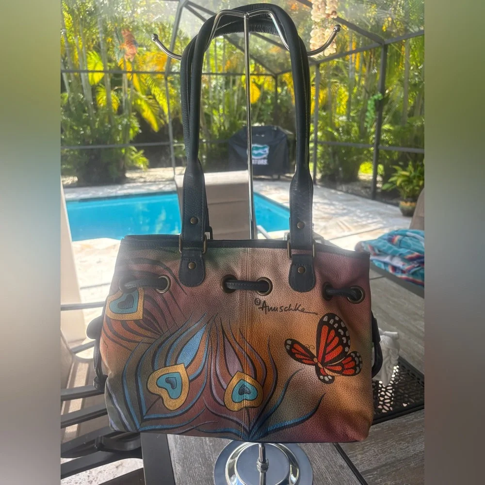 EUC, Anuschka Peacock Butterfly Multicolor Hand-Painted Shoulder Bag - Picture 5 of 15